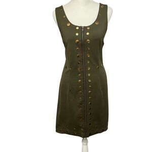 Cynthia‎ Rowley Olive Green Dress Sleeveless Gold Studded Zip Front Size Large